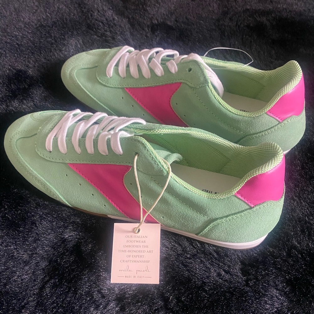Mila Paoli mint green & hot pink suede leather casual sneakers Italy 41 9.5 US - Picture 3 of 6